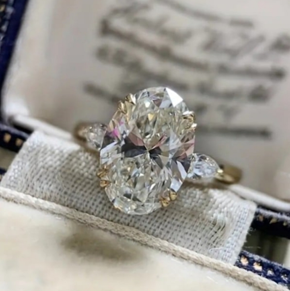 Oval Cut Moissanite Women's Engagement Ring Yellow Gold Plated - Picture 2 of 4